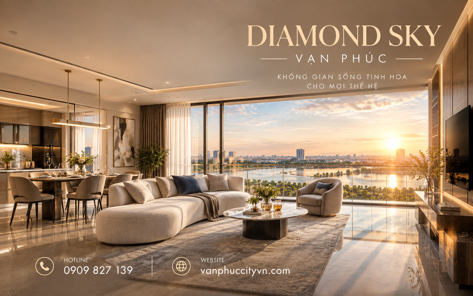 Không gian phòng khách Diamond Sky được thiết kế theo hướng rộng thoáng, tinh tế và đề cao trải nghiệm sống