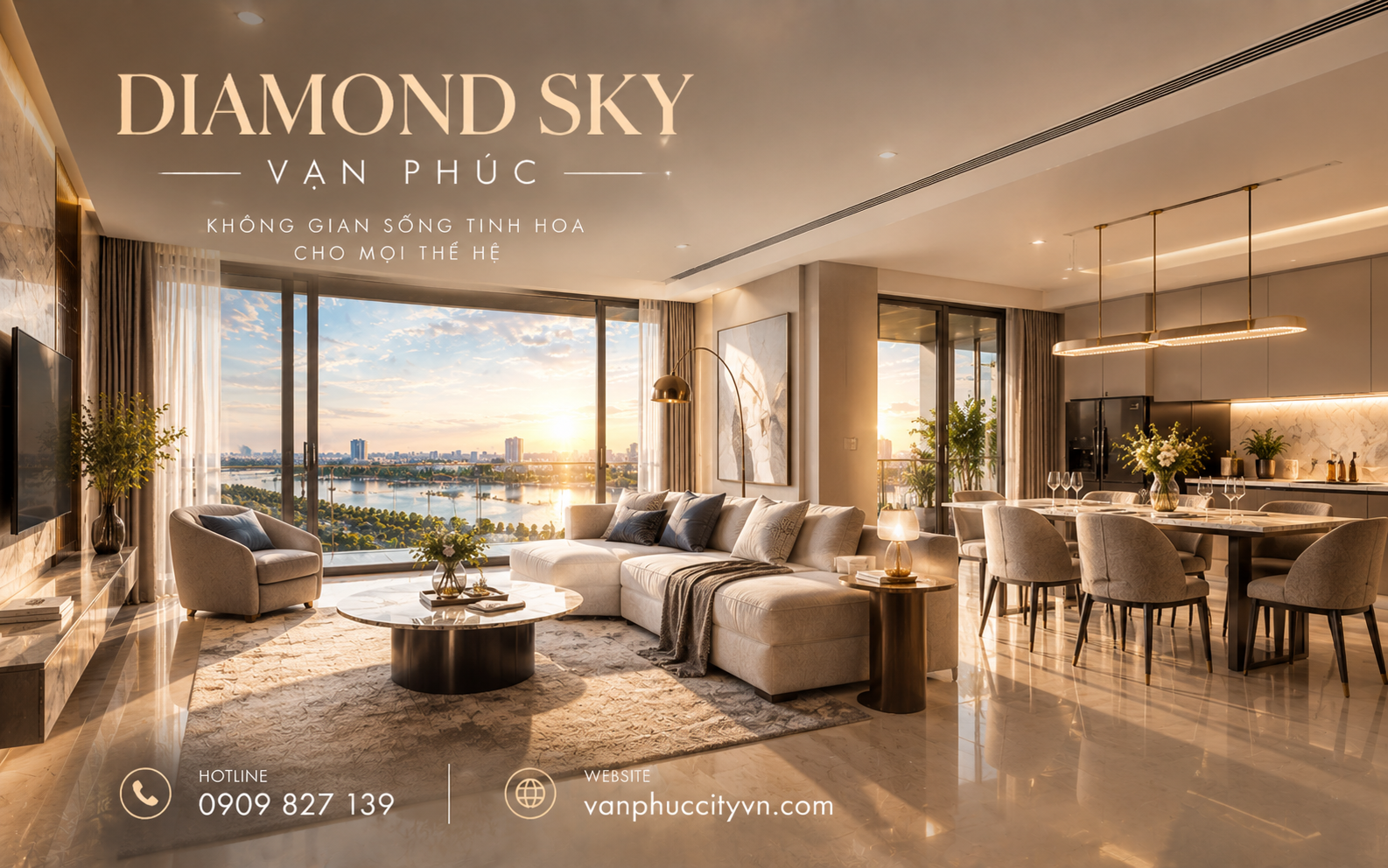 Khu vực phòng khách – bếp liên thông, tạo sự kết nối thuận tiện cho sinh hoạt gia đình hằng ngày.